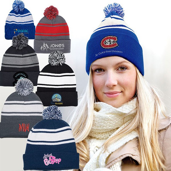 Custom Embroidered Knit Beanie With Pom Pom | Promotional Beanie Caps