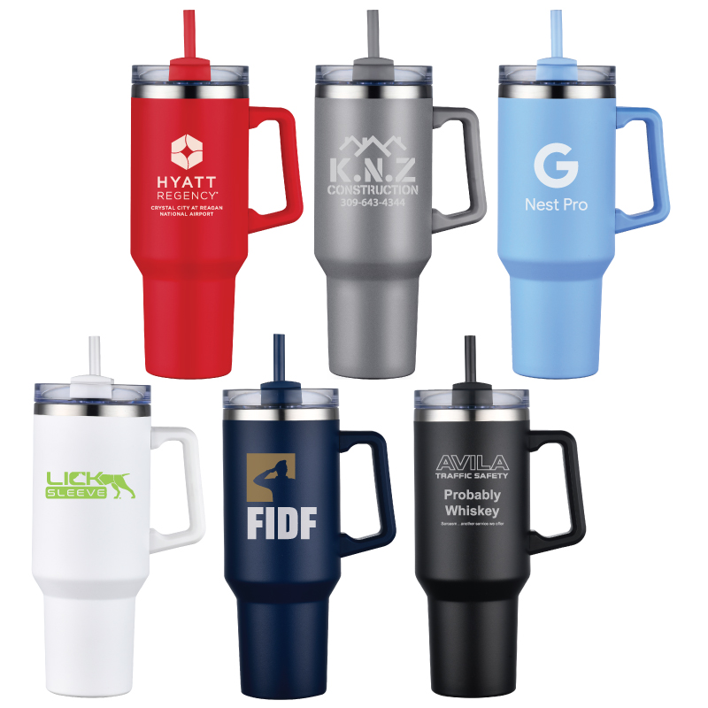 Imprinted Travel Mugs with Handle and Twist Closure Straw Lid (40 Oz.), Travel  Mugs