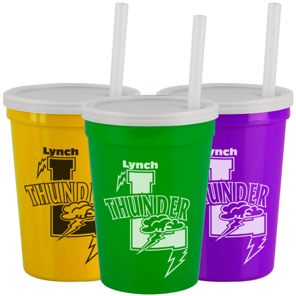 Promotional Personalized 12 oz Mood Plastic Stadium Cup / Straw / Lid Set  $1.34