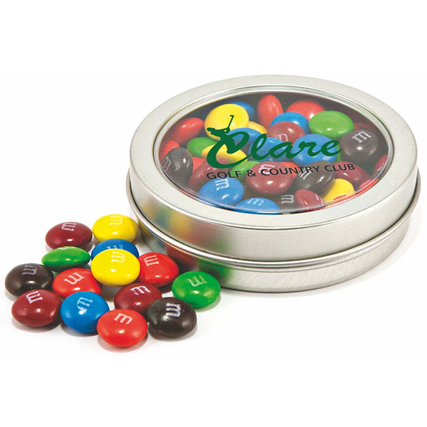 Top View Logo Tin with M&Ms | 4AllPromos